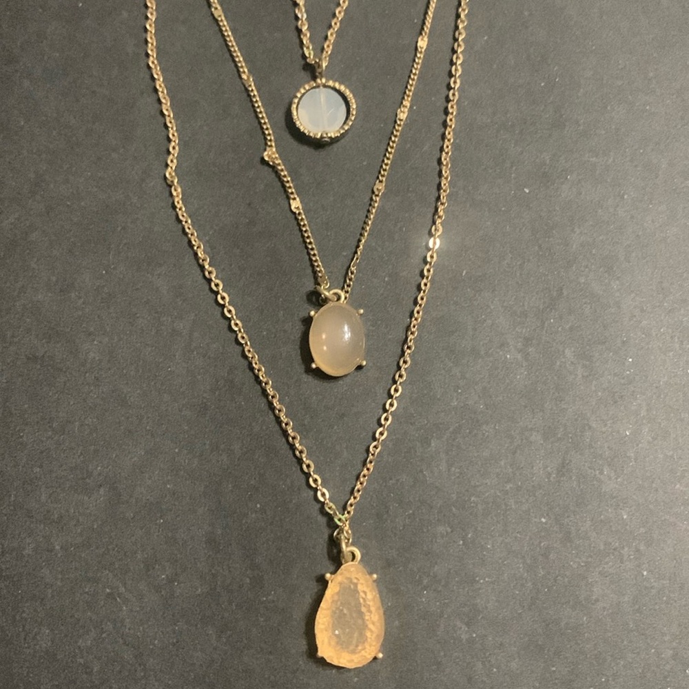 3 Strand Neutral stone gold chain layered necklace